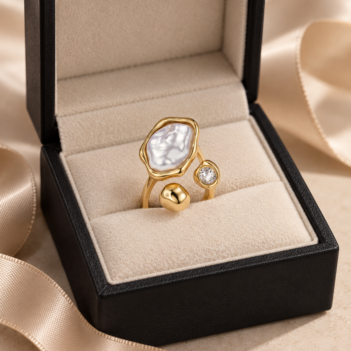 Bague Nacréa Trio correctement insérée dans la rainure de son coffret
