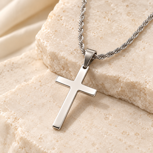 Collier Gabriel croix argentée — détail de la croix polie et de la chaîne torsadée