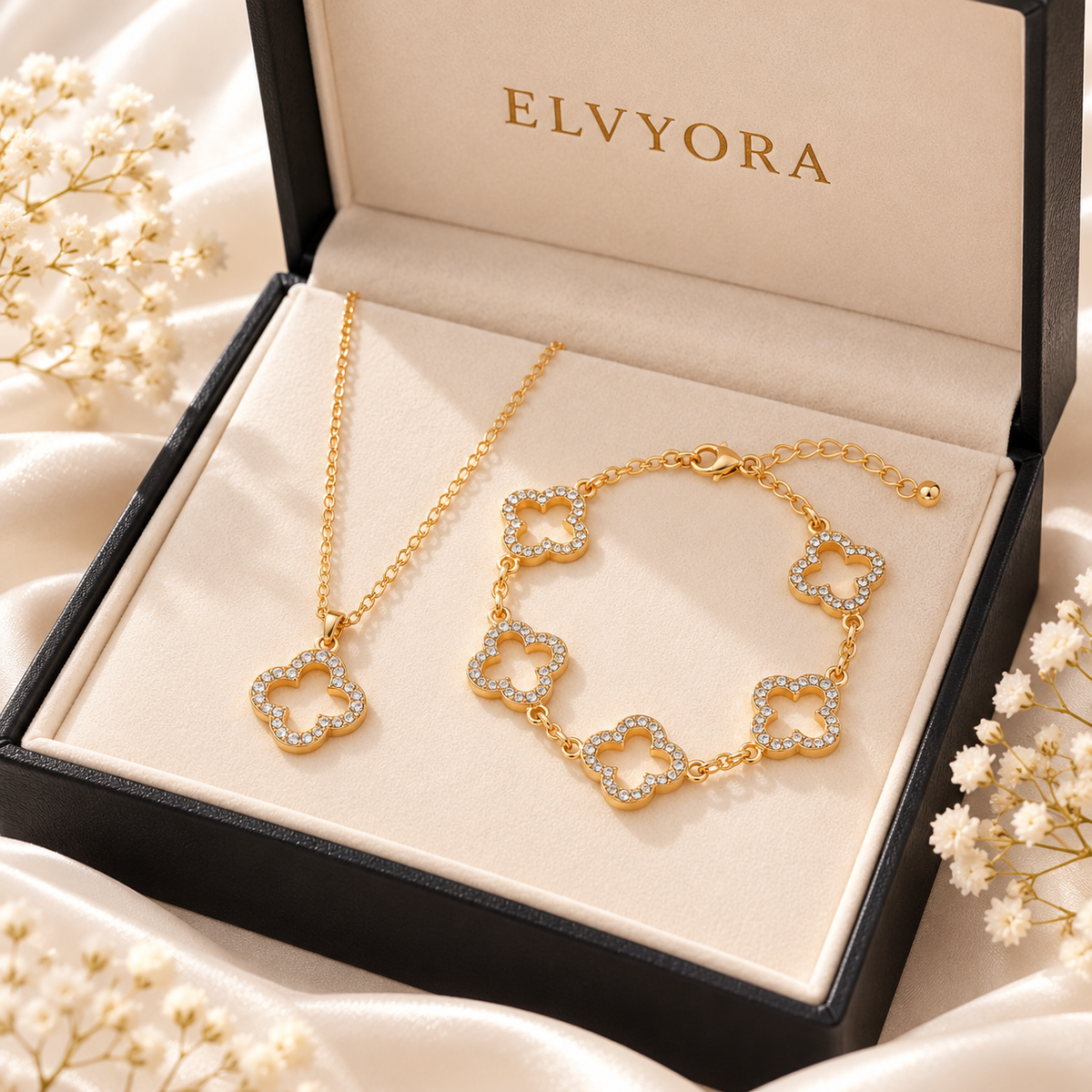 Présentation illustrative de la parure Lyséa dans un coffret marqué ELVYORA