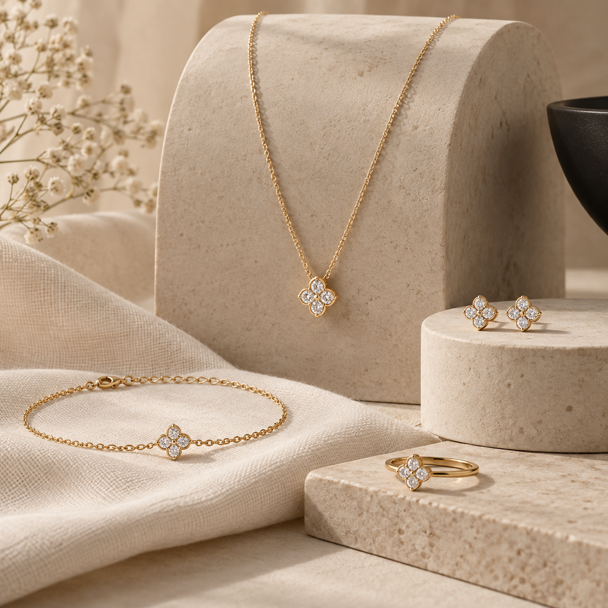 Parure de bijoux dorés assortis sur décor beige