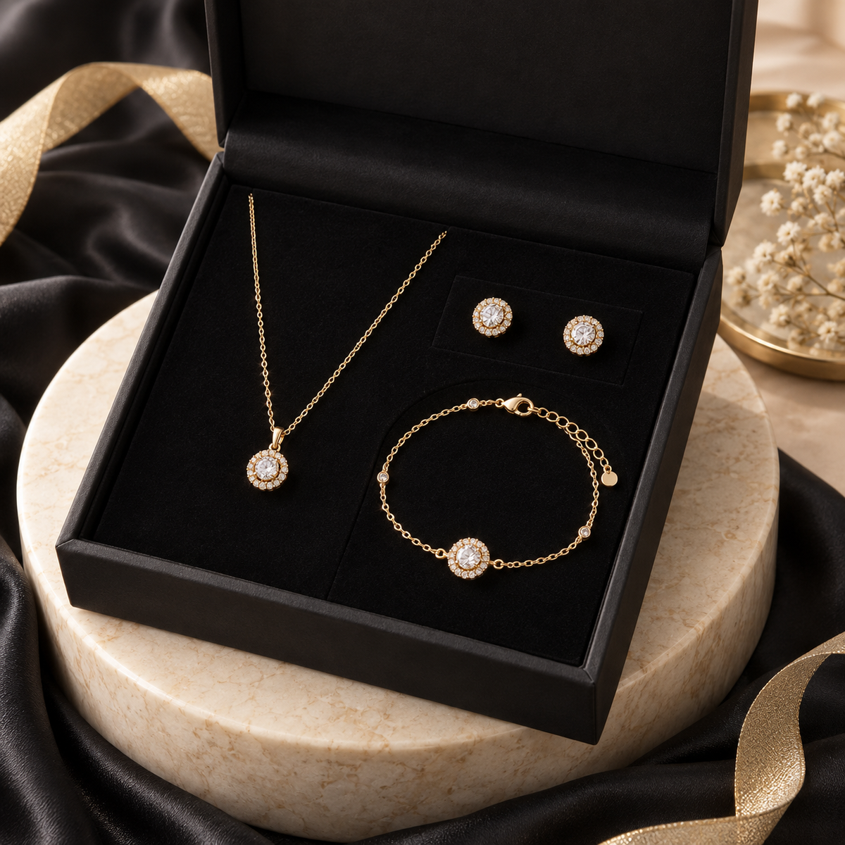 Coffret cadeau avec collier, bracelet et boucles d’oreilles