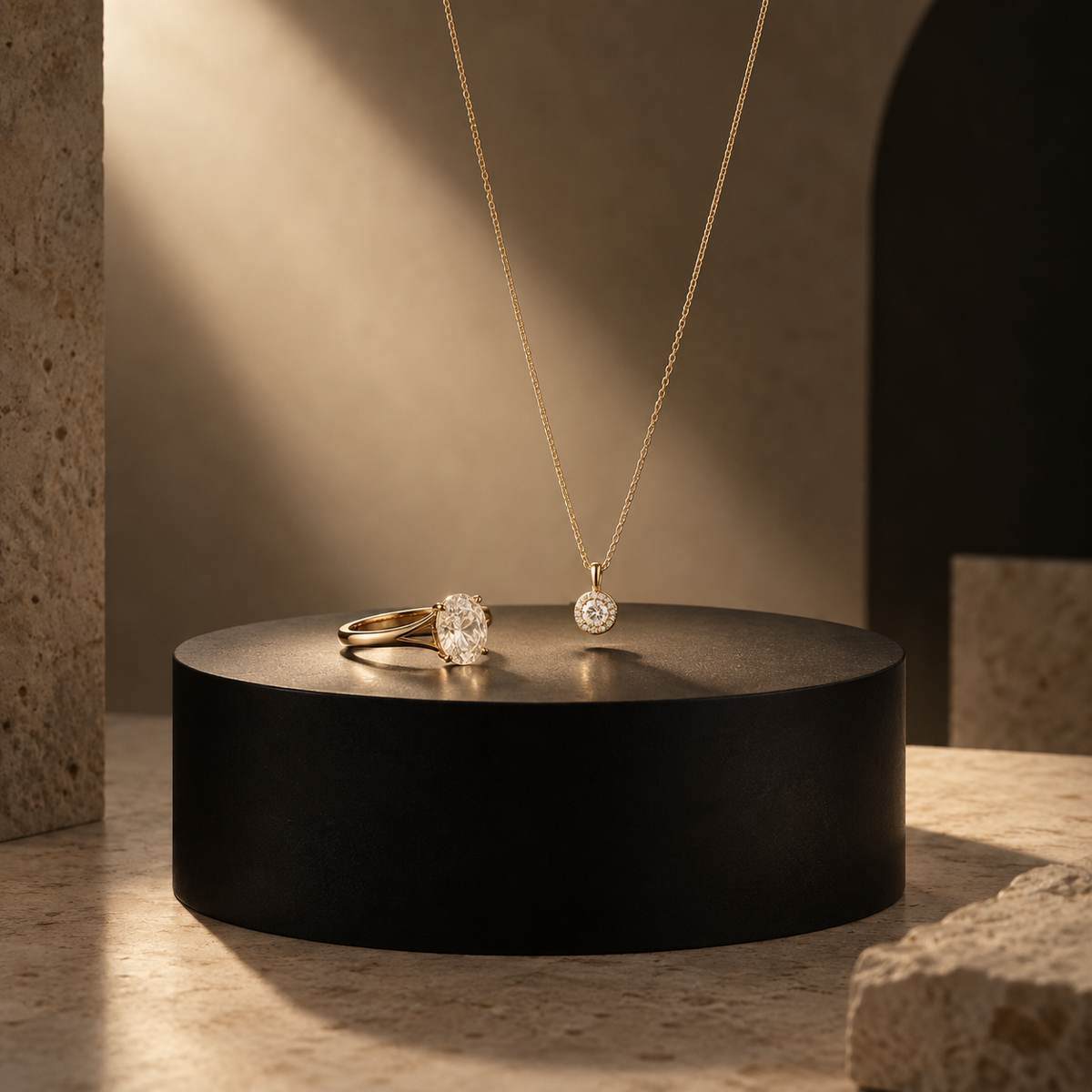 Derniers bijoux précieux éclairés sur un socle noir