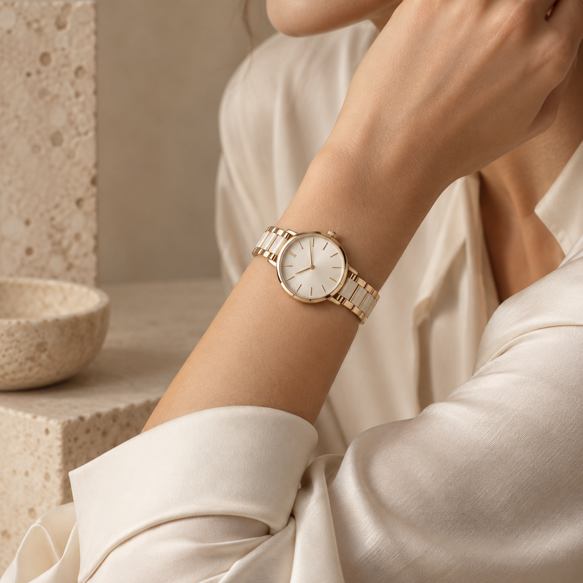 Montre femme dorée portée avec une tenue ivoire