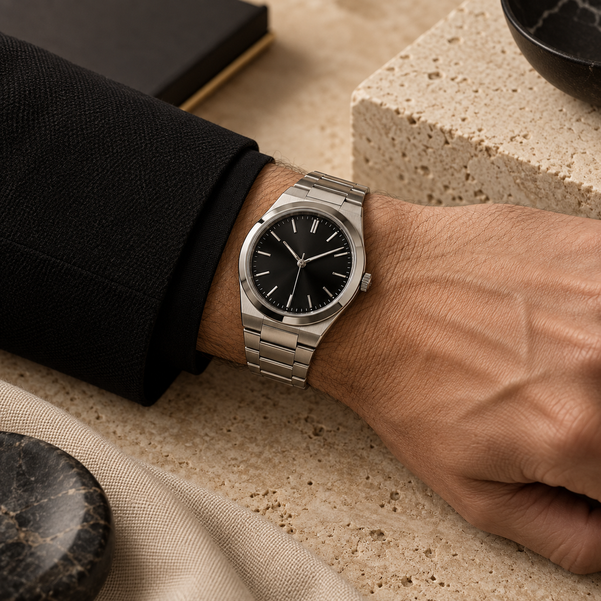 Montre homme en acier avec cadran noir portée au poignet
