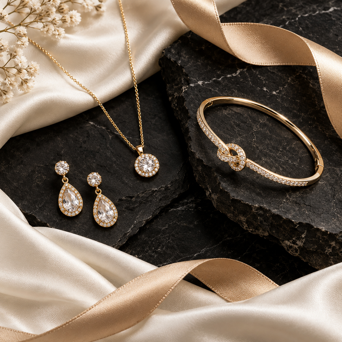 Sélection de bijoux contemporains sur pierre noire et satin ivoire