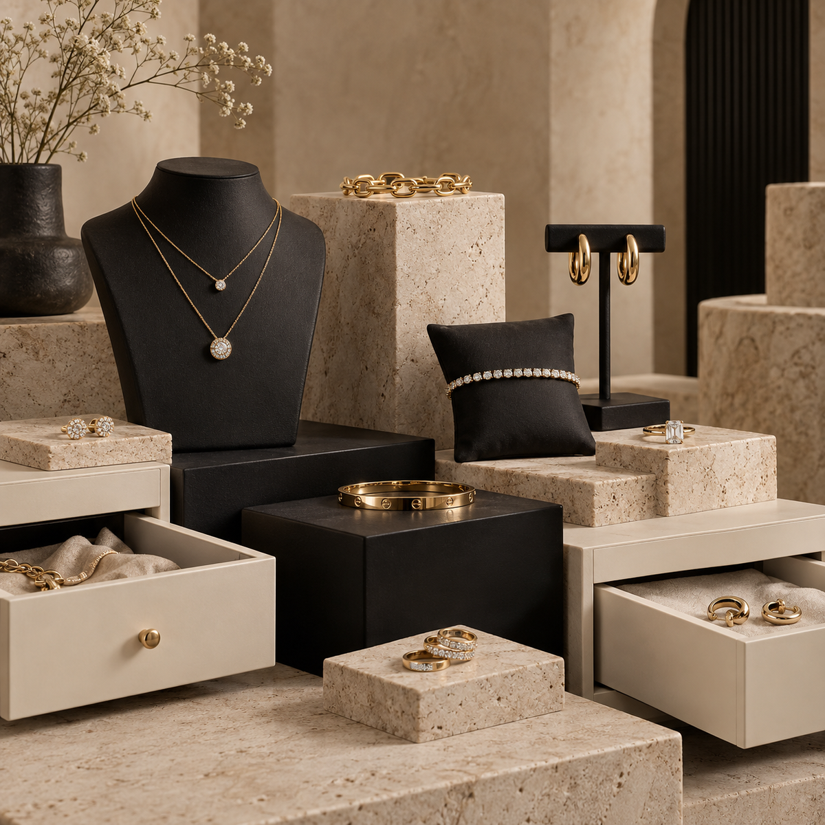 Sélection outlet de bijoux sur présentoirs beige et noir