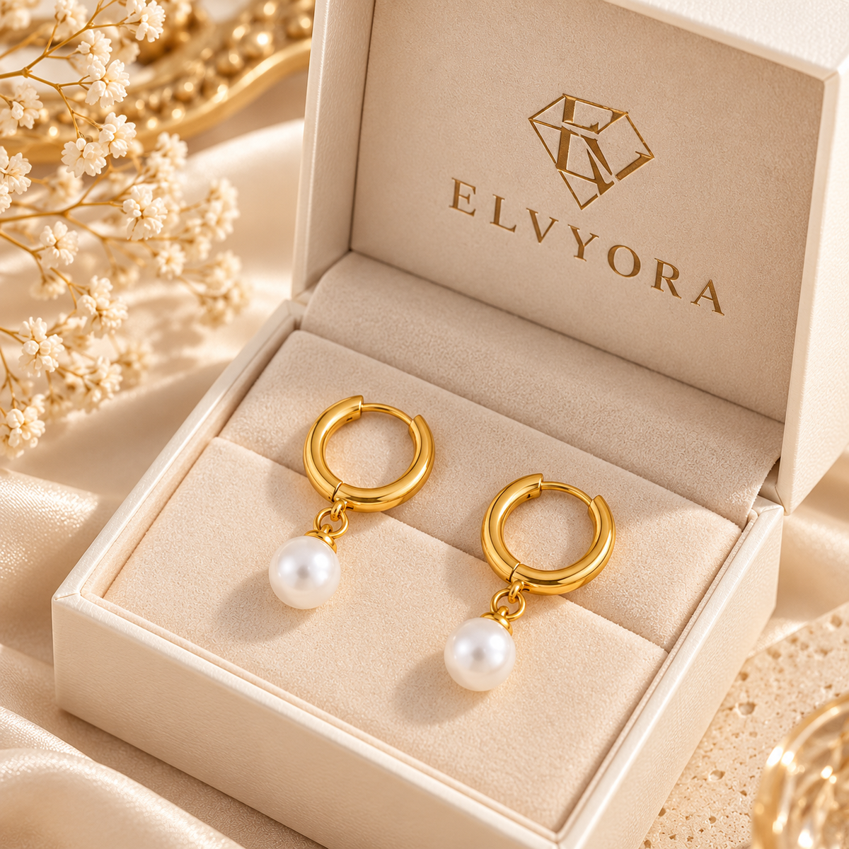 Mise en scène illustrative des créoles Perla avec boîte logo ELVYORA, coffret non inclus