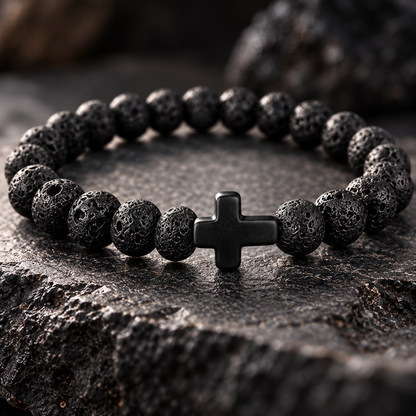 Gros plan bracelet noir homme perles poreuses et croix noire centrale