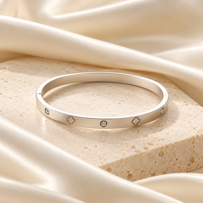 Bracelet jonc Céliane argenté en acier inoxydable, motifs trèfle