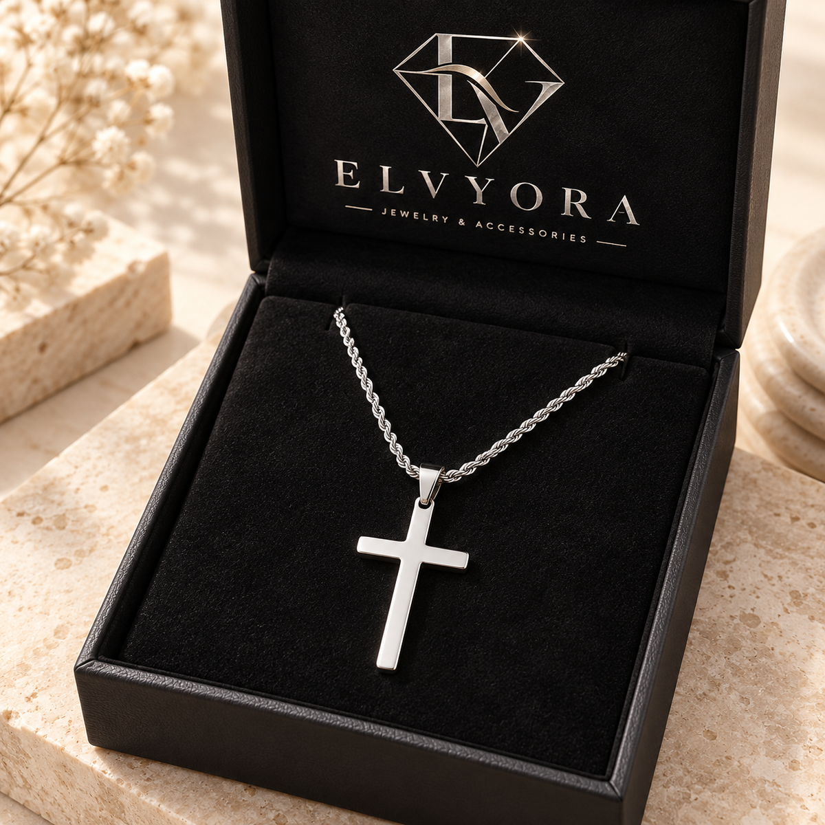 Collier Gabriel croix argentée — mise en scène dans un écrin Elvyora