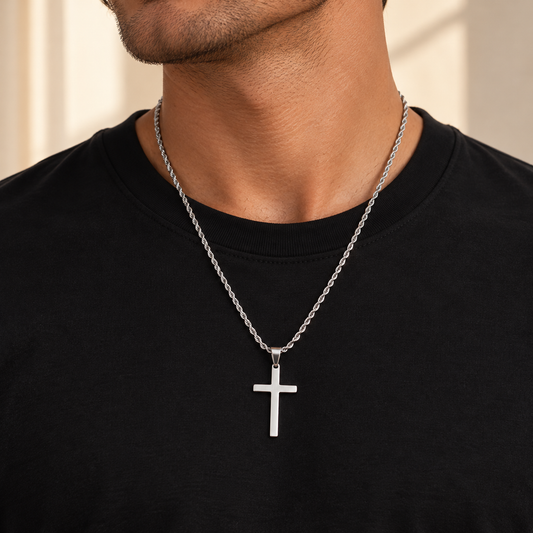 Collier Gabriel croix argentée — porté avec un t-shirt noir sur fond beige clair