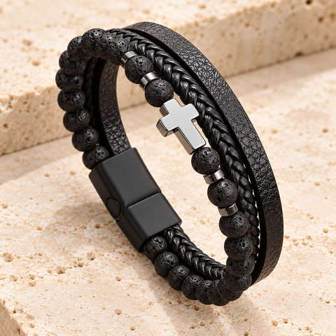 Bracelet Mattéo — Multi-Rangs Noir & Croix