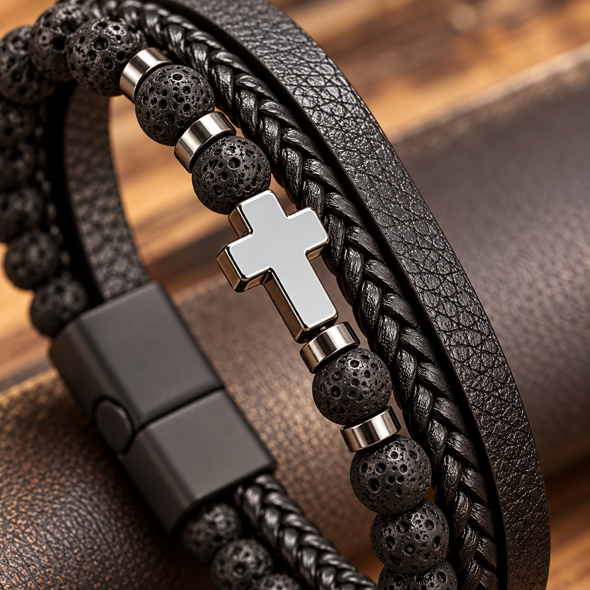 Gros plan du bracelet Mattéo noir, croix argentée asymétrique et perles poreuses