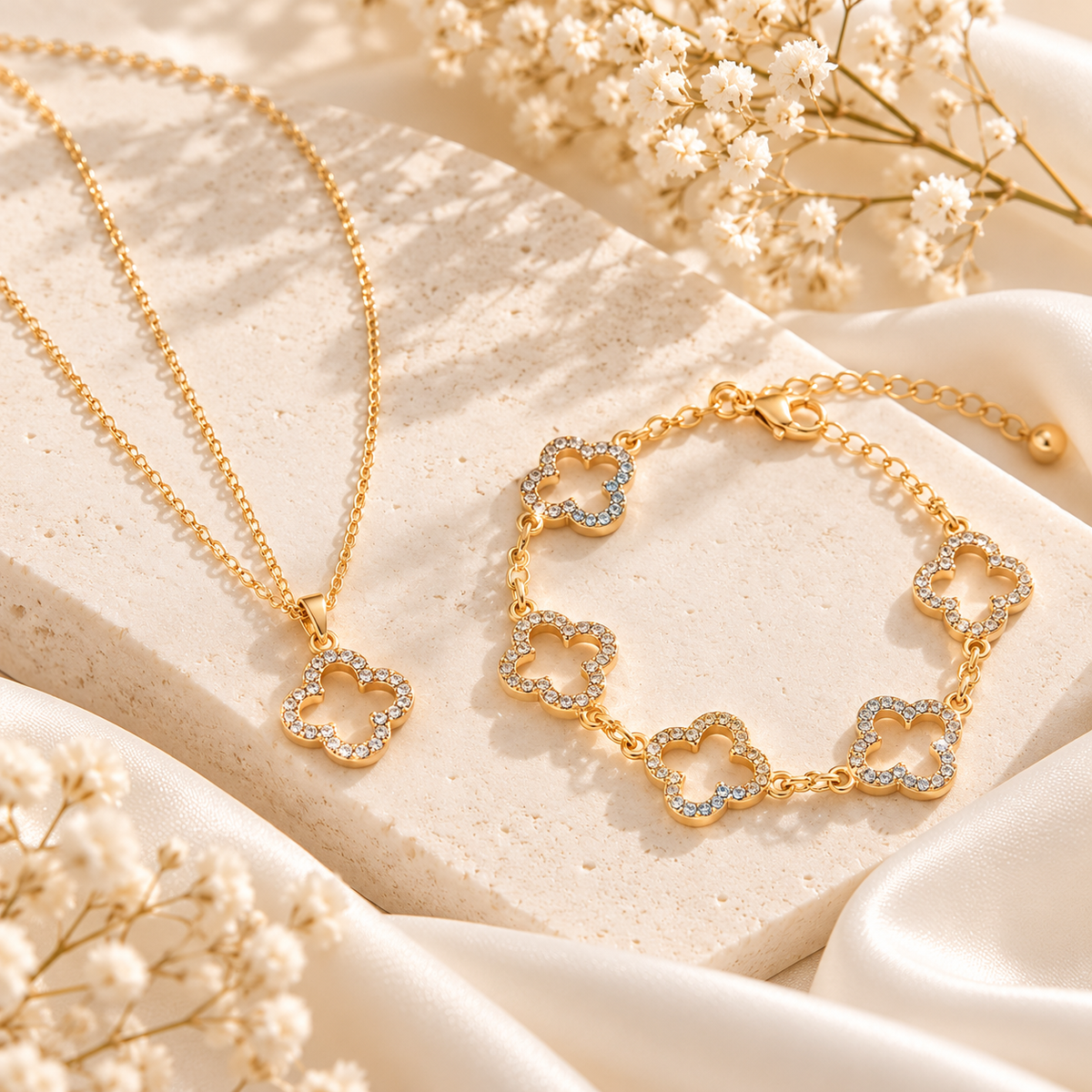 Parure Lyséa collier et bracelet trèfles dorés scintillants sur pierre ivoire, photographie claire