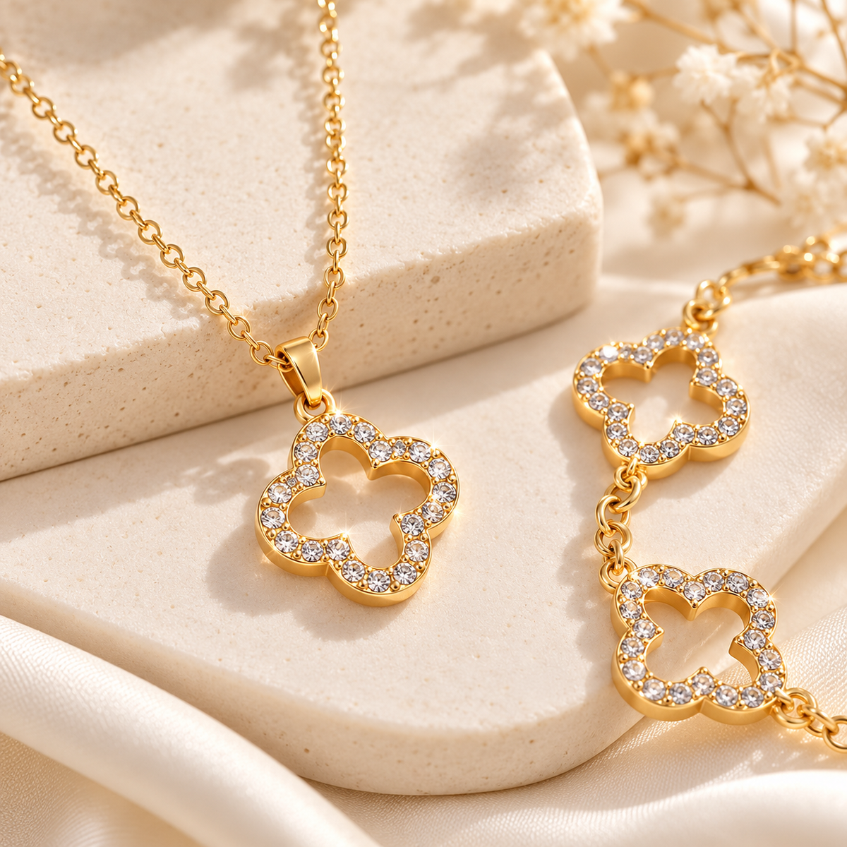 Détails du collier et du bracelet Lyséa, motifs trèfles dorés à strass transparents